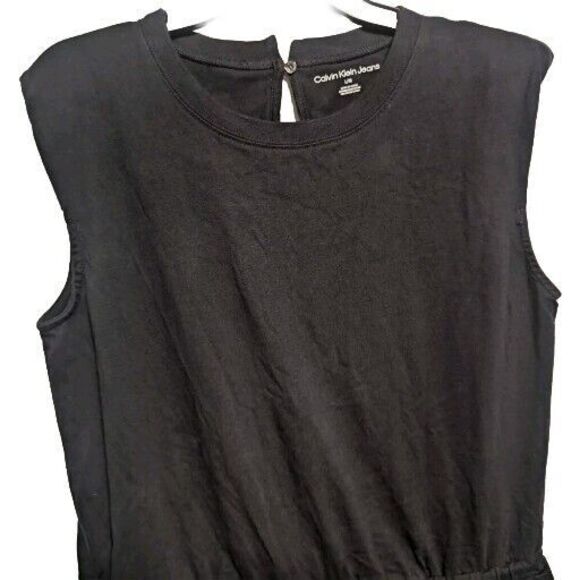Calvin Klein Women's Black Romper Open Back Padded Shoulders Pockets Drawstring - Picture 2 of 14